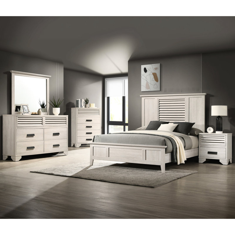 1 grand lit contemporain avec tête de lit à persiennes en bois, finition beige, décor de chambre à coucher, sommier tapissier requis, style, utilisation, assemblage simple