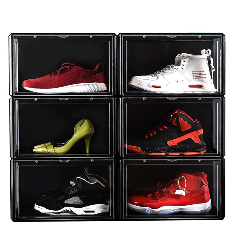 Mexia Stackable Magnetic Shoe Box Sneaker Storage Organizer With LED Light(Set Of 6), Black