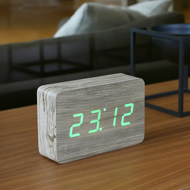 Sleek & Chic Modern Digital Birch Solid Wood Electric Alarm Tabletop Clock, Ash/Green