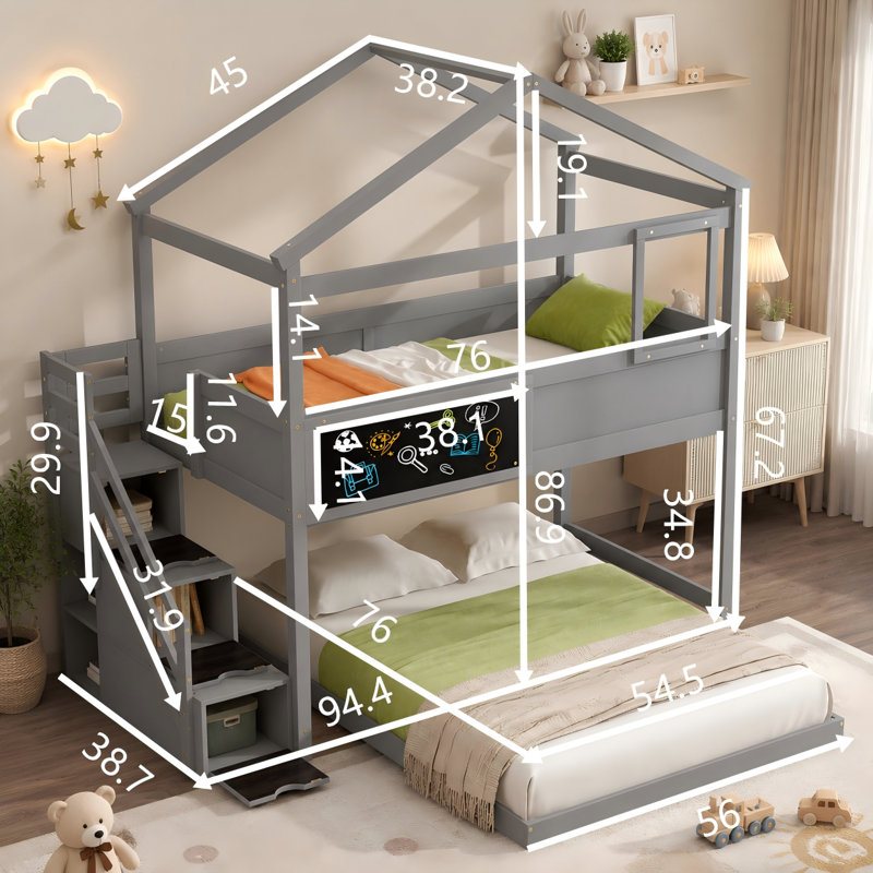Un lit superposé multifonctionnel gris minimaliste avec rangement à plusieurs niveaux dans l'escalier et un panneau de tableau créatif sur le côté - combinant sans effort un espace de jeu avec un rangement pratique.