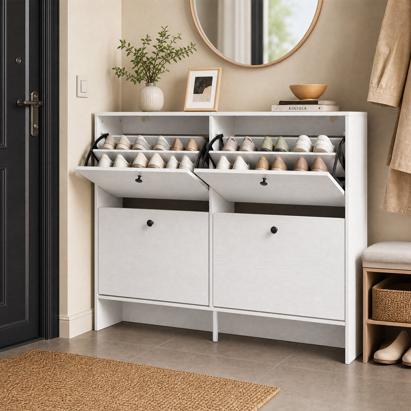 Meuble à chaussures ultramince à 4 tiroirs rabattables – Rangement gain de place pour 24 paires de chaussures dans l'entrée, design moderne imitation bois avec système anti-basculement, montage facile, blanc