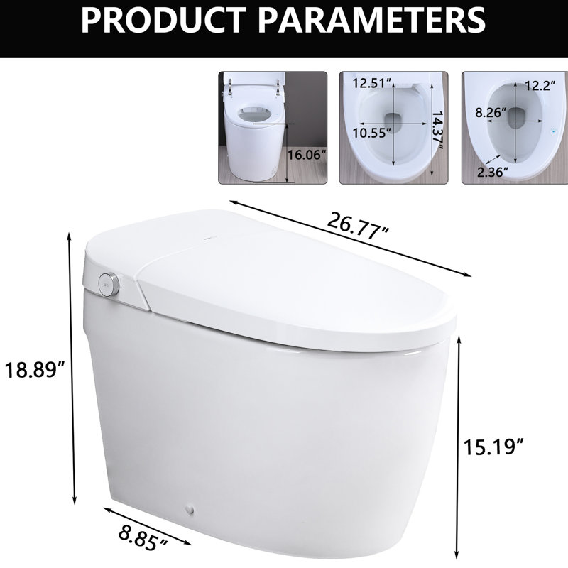 Toilette intelligente en céramique, nuit, chasse occultante, chasse latérale. 15,41 po de largeur, 30,9 po de profondeur de la buse autonettoyante, sécher à l'air chaud, Céramique blanche, profondeur 27,03 po
