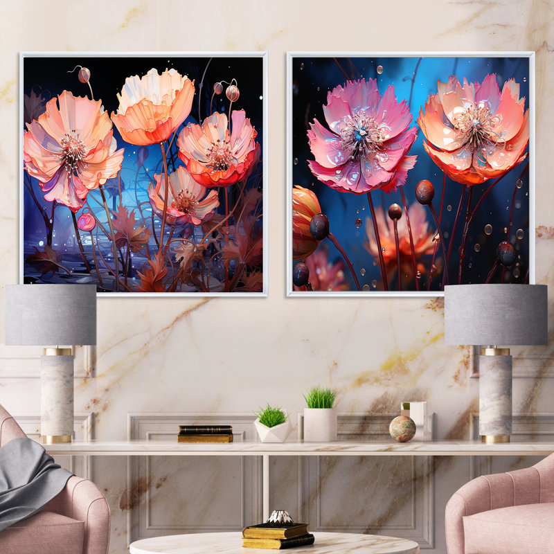 Ensemble de 2 fleurs de néon rose et bleuet, Cadre flottant blanc, H 36 po x l 73 po
