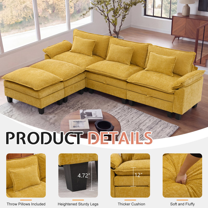 Canapé modulaire de 118 po avec rangement, canapé U Cloud Comfy avec repose-pieds et coussins décoratifs, canapé-lit modulaire en chenille pour salon, chambre à coucher