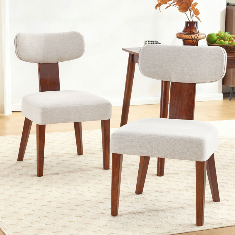 Mid Century Linen Modern Upholstered Dining Chairs Set of 2 With Wood Legs,Linen Beige, Linen Beige