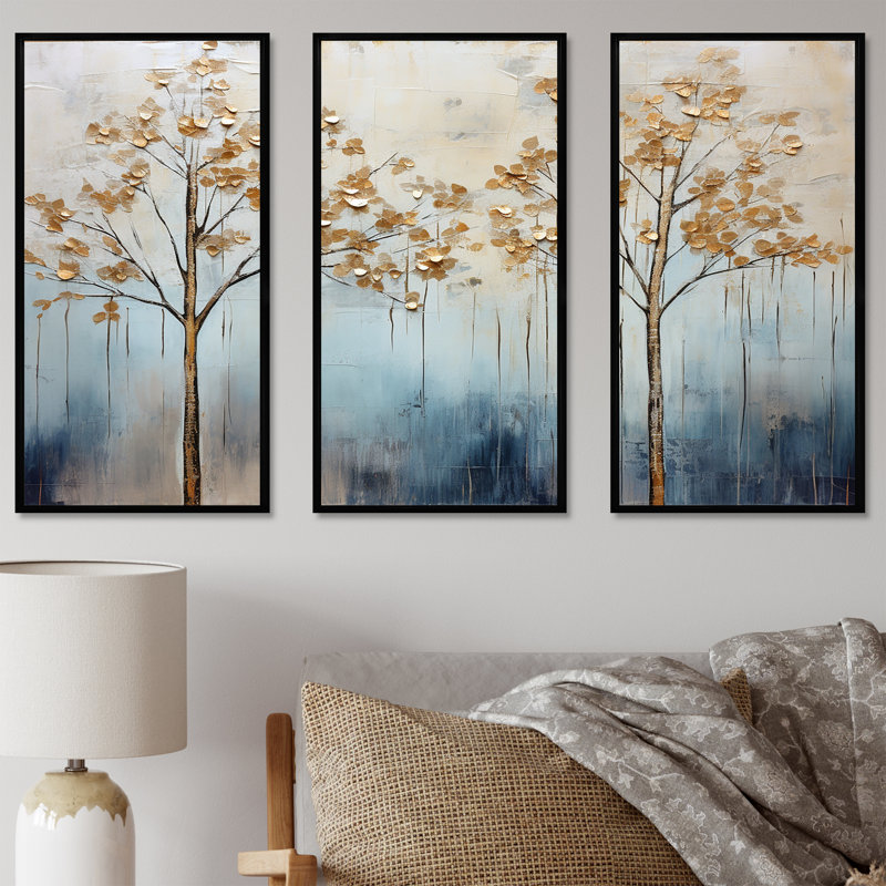 Minimalisme, arbres dorés et bleus scène VI - ensemble d'art mural sur toile, Cadre flottant noir, H 28 po x l 36 po x P 1 po