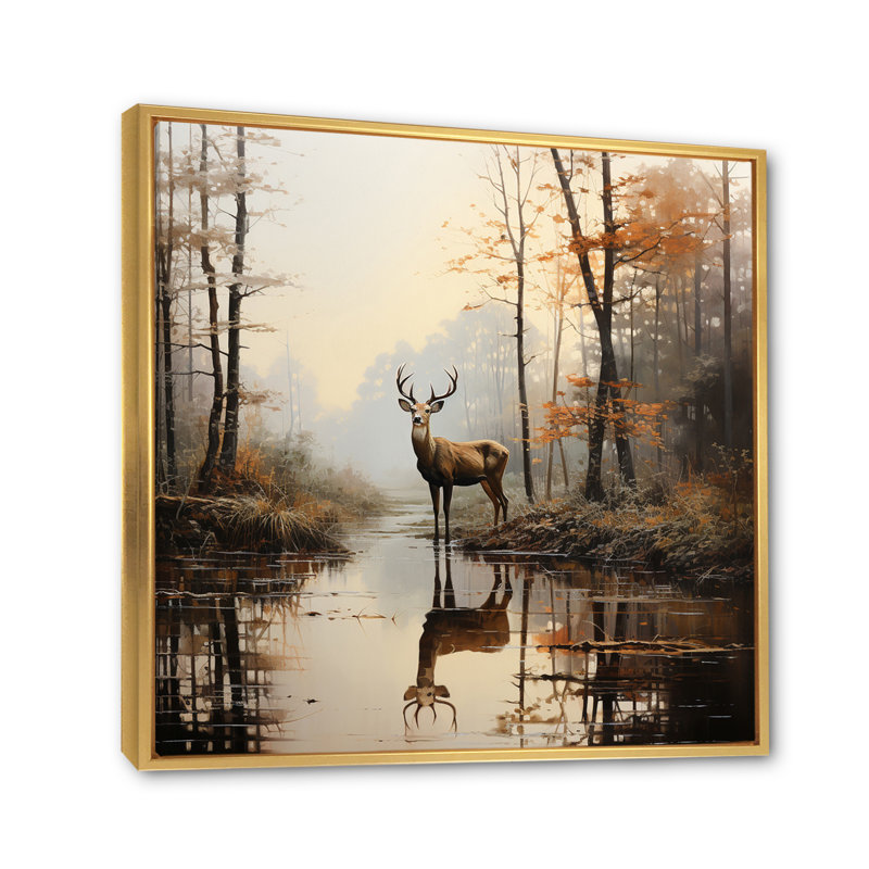 «Animal Deer Misty Morning II», impressions sur toile, Cadre flottant doré, H 36 po x l 36 po x P 1,5 po