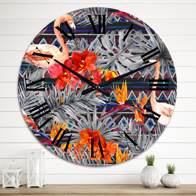 Flamant rose et fleurs exotiques oranges - Horloge murale à motifs