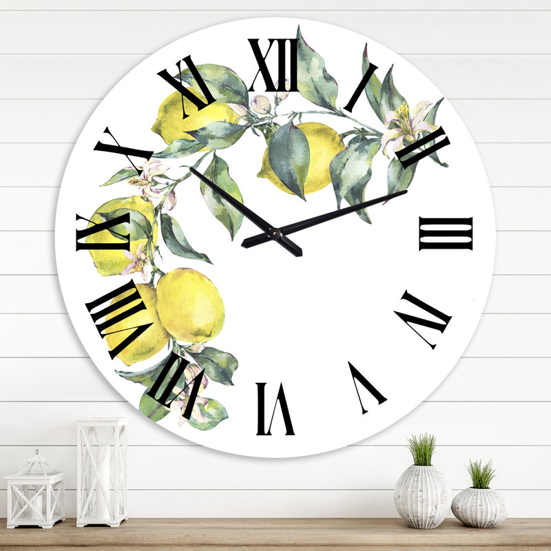 Branche de citrons jaunes et feuilles II - horloge murale tropicale, Surdimensionné