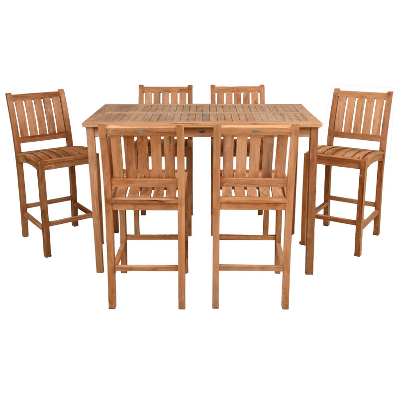 Teak Wood Bistro Bar Set Including Rectangular Table And Abacho Barstools, 6, 43" H x 63" L x 35.5" W