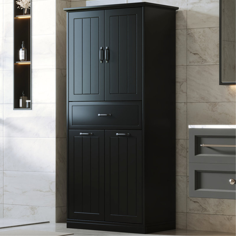 Armoire de rangement pour salle de bain - Noir avec 2 appareils de lessive et basculement peint, Noir