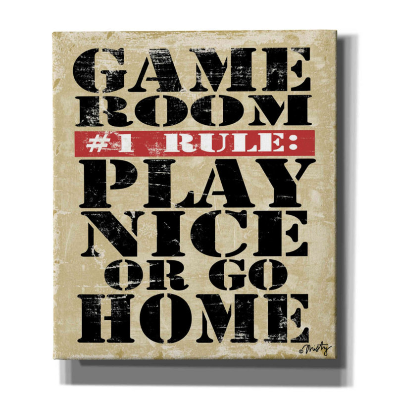 «Game Room # 1 Rules» par Misty Michelle, art mural sur toile, H 34 po x l 26 po x P 1,5 po