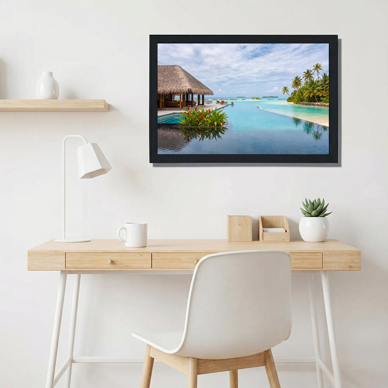 Toile de chaume, cabane sur une piscine à débordement et palmiers, art mural sur toile, 20"H x 30"W