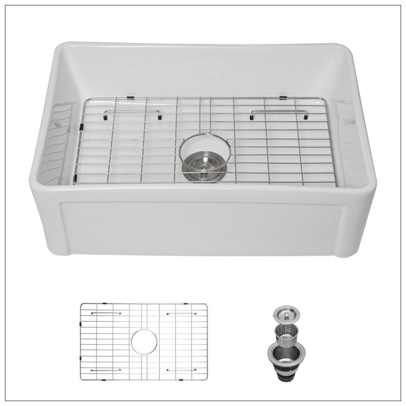 White Farmhouse Sink - 30 Inch Kitchen Sink Apron-Front White Ceramic Reversible Single Bowl Kitchen Farm Sinks