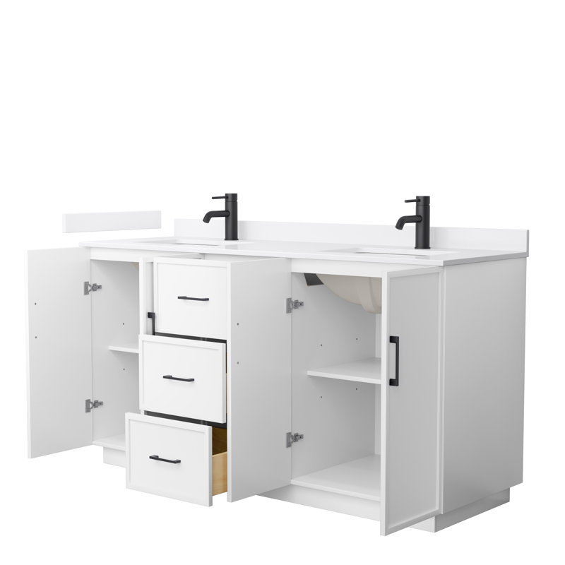 Elan TK 66" Freestanding Double Bathroom Vanity with Cultured Marble Top, White Cultured Marble, White, Matte Black