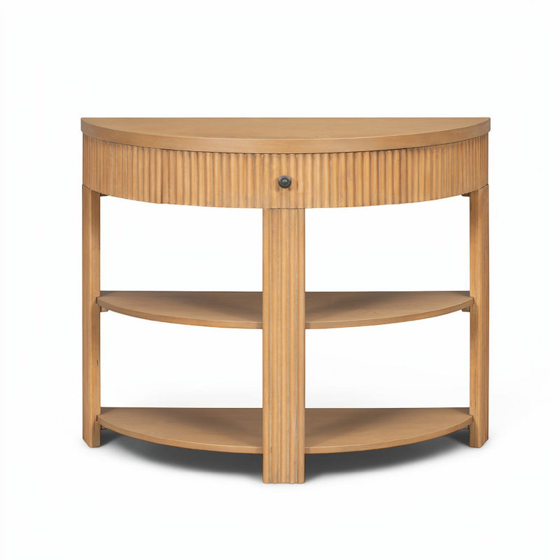 Console demi-lune de 94 cm de large avec tiroir et 2 tablettes ouvertes, Naturel