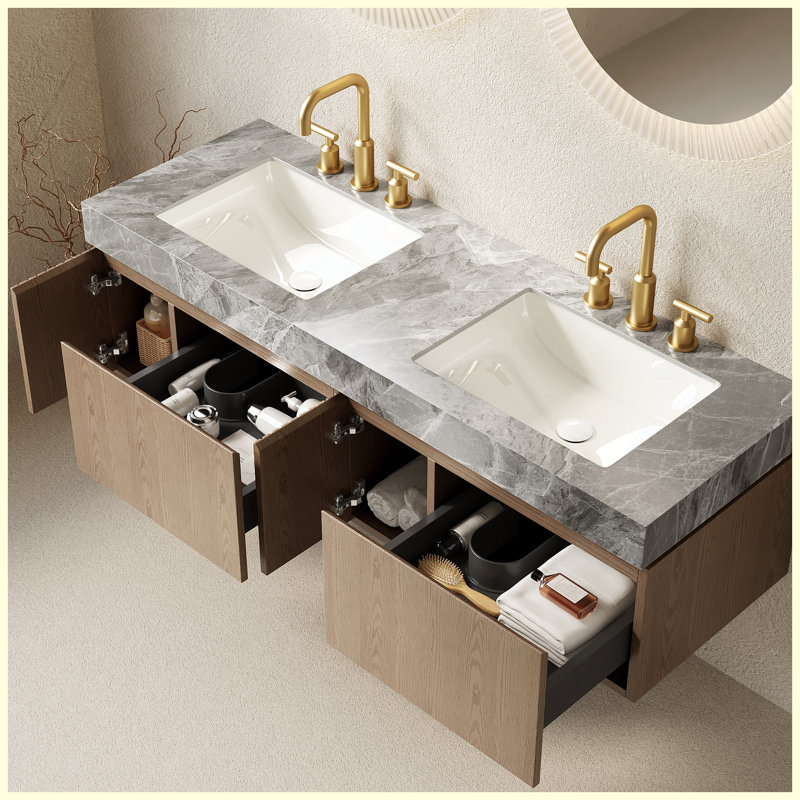 Meuble-lavabo flottant gris 60 po avec rangement à fermeture en douceur, Marron clair