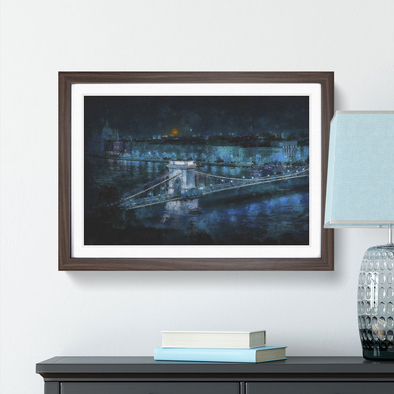 Chain Bridge in Budapest - Picture Frame Graphic Art Print, 45cm H x 63cm W x 2cm D, Walnut Framed