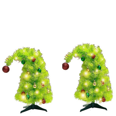 2Pcs Small Christmas Tree Whimsical 17.8inch Mini Christmas Tree with LED Lights Tabletop Lime Green Decoration Ornaments for Indoor Home Party Decor