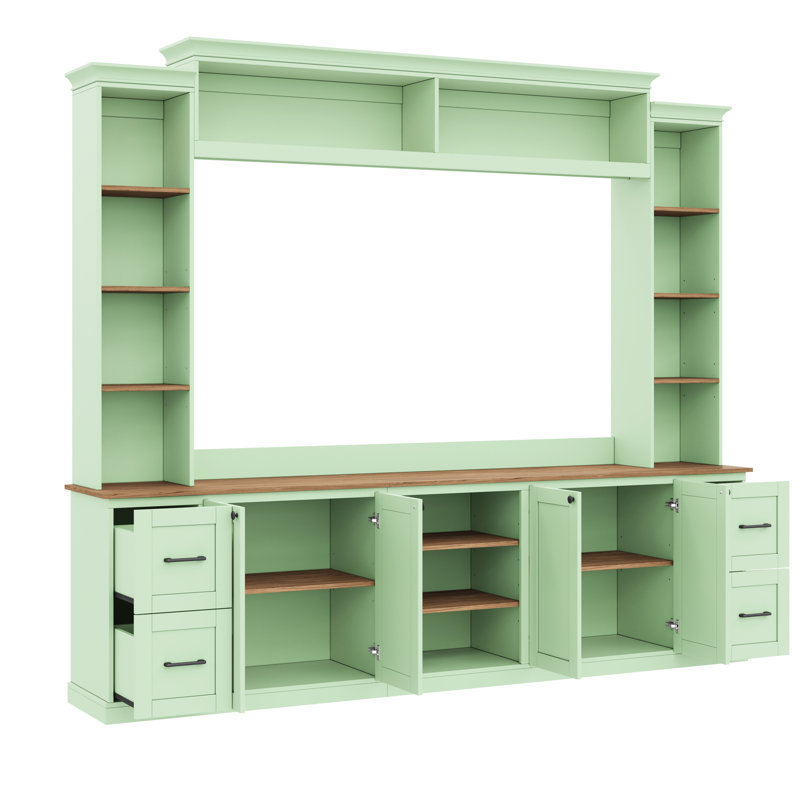 Meuble télé 41 po Mint, centre de divertissement avec tablettes réglables en noyer, console multimédia rétro, tiroirs et unité murale à installation à extrémité inclinée pour le divertissement, plan de désignation de tablette de support