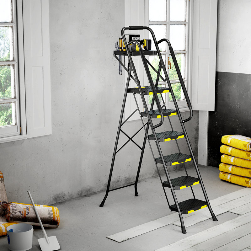 6 Step Stool,Metal Ladder,Folding Step Ladder with Tool Platform, Library Ladder,Decorative Kitchen Step Ladder
