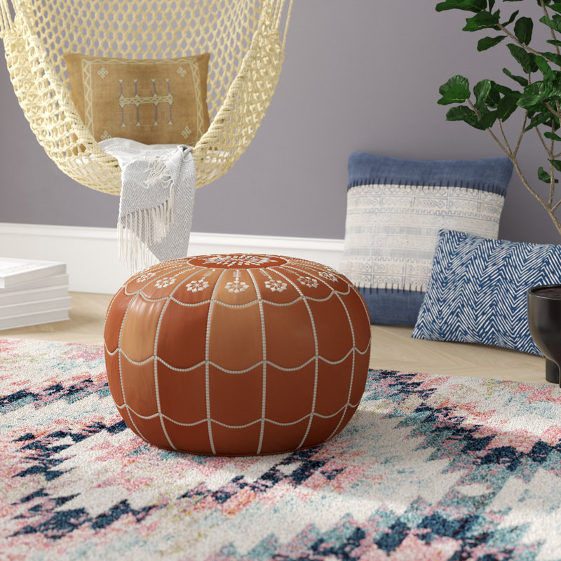 Leather Pouf, Dark Tan Genuine Leather