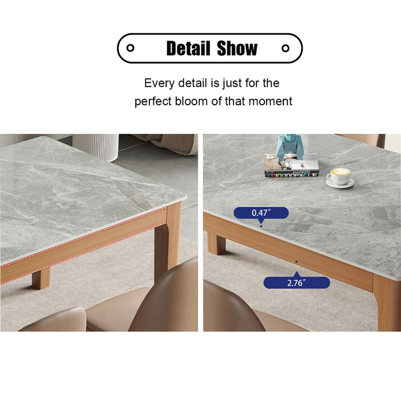 Grey+Tan Rectangular Stone+Solid Wood Dining Table, 29.53"H x 55.12"L x 31.5"W