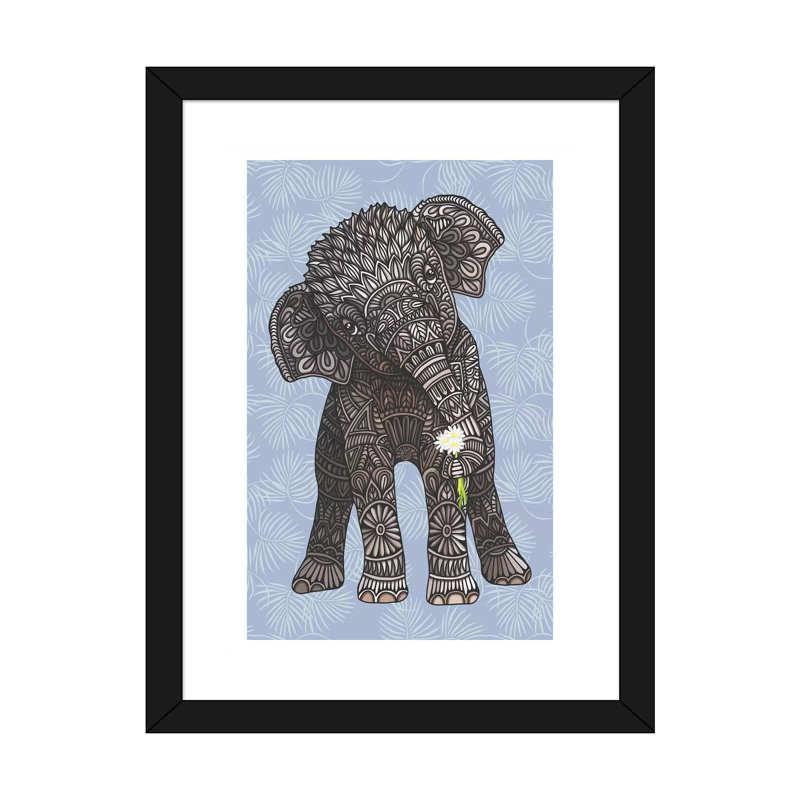 «Baby Elephant - Blue» par Angelika Parker - impression d'art graphique, H 24 po x l 16 po x P 1 po, Papier encadré noir