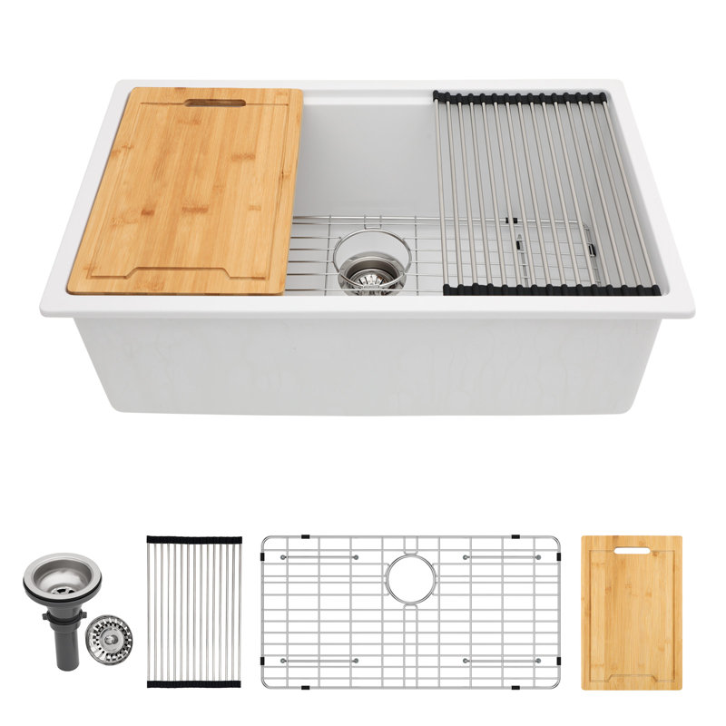 Station de travail en évier de cuisine encastré en composite de granite 28 po x l 19 po, Blanc