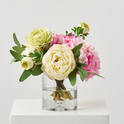 Cream Peony, Pink Hydrangea, Green Ranunculus & Seeded Eucalyptus Faux Arrangement