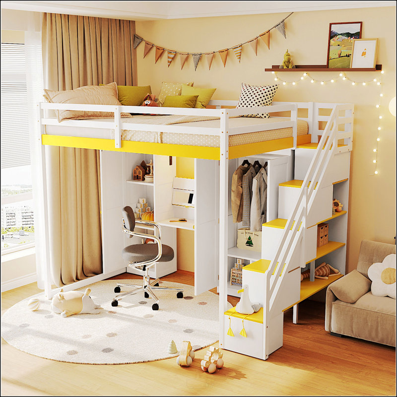 Lit mezzanine double avec escalier de rangement, coiffeuse intégrée, armoire et armoires, ports et lumières de chargement USB
