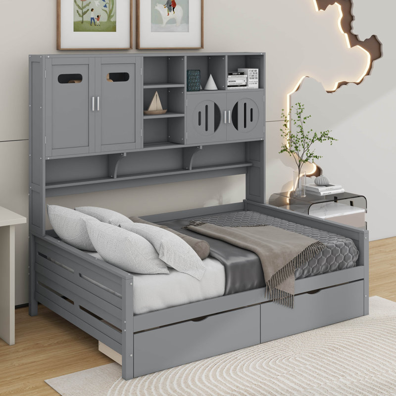 Lit de jour en bois avec tiroirs, Gris, Lit double