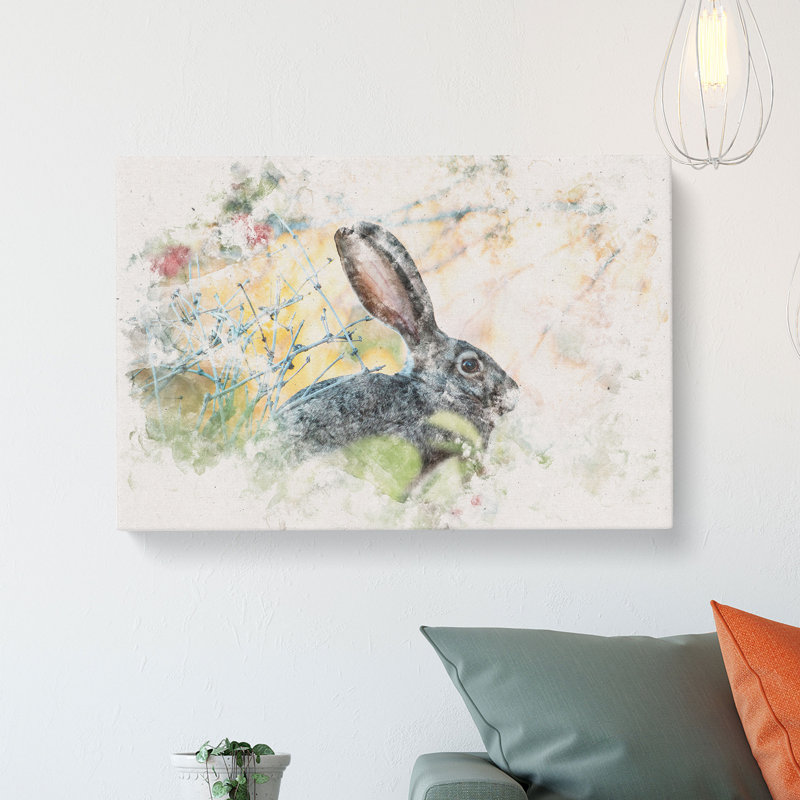 Hare in the Bushes Watercolour - Wrapped Canvas, 60cm H x 91cm W x 3cm D