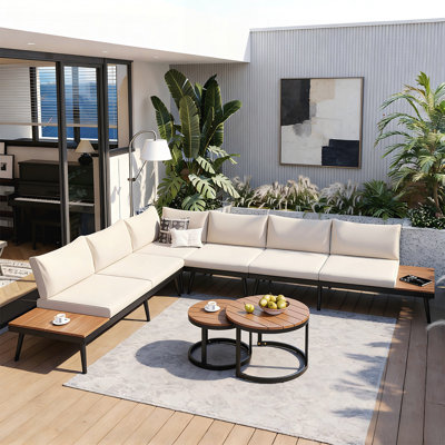 Ensemble de canapé modulaire d'extérieur 6 pièces avec tables basses gigognes rondes et coussins confortables pour le patio, le porche et le jardin