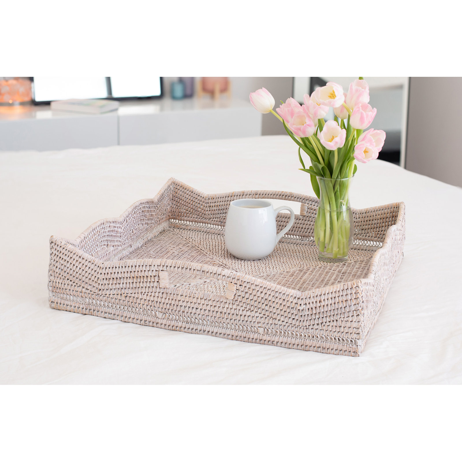 Landry Handmade Rattan Decorative Tray, Without Glass, 4.5" H x 20" W x 24" D, White Wash
