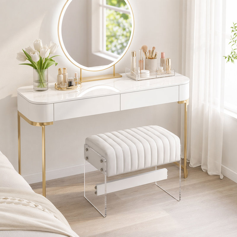 Détails du produit: Tabouret de coiffeuse en similicuir blanc, tabouret décoratif avec éponge haute densité et pieds en acrylique transparent