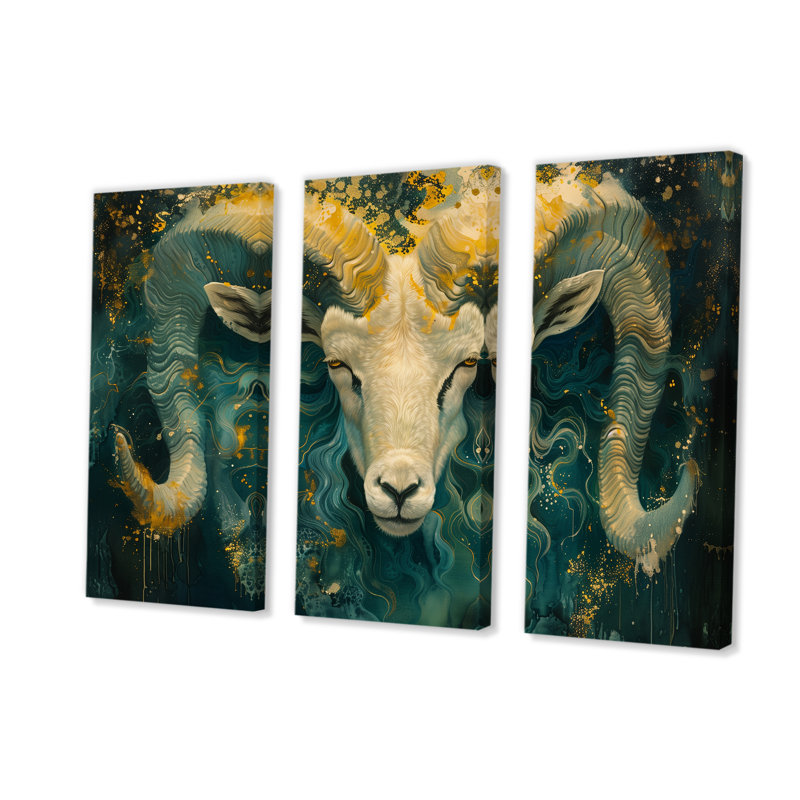 Astrologie verte et jaune «Aries Awakening I» «Astrologie verte et jaune Aries Awakening I» - 3 pièces, Toile tendue