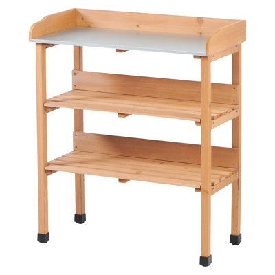 30.5″l ×14.6″w × 35.5″h Brown Potting Table, 3 - Tier Solid Wood Work Bench With Metal Tabletop, Outdoor Use Built In Hooks And Adjustable Feet, Space Saving Easy To Assemble Table , For Garden