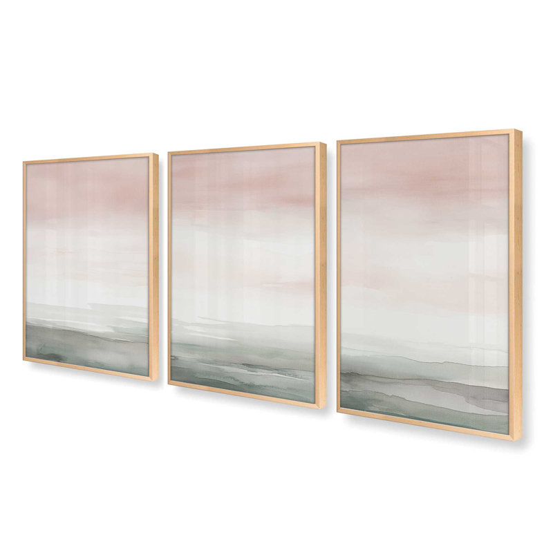 Ensemble de 3 impressions Peach Tranquility dans un cadre doré poli, 24 po x 18 po, Érable brut, H 37 po x l 75 po
