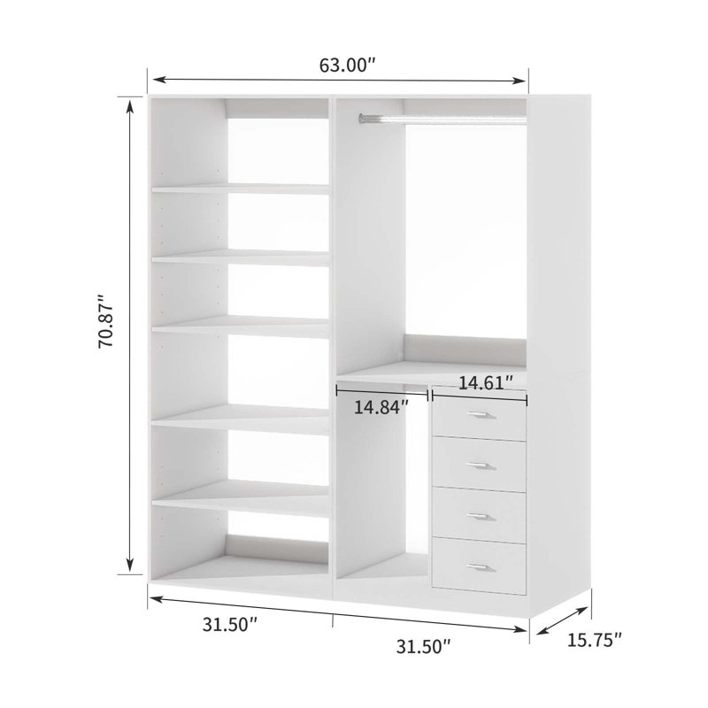 Closet System , Closet Shelving System with 4 Drawers, Walk in Closet with 2 Hanging Rails, Closet Evolution Closet System for Bedroom
