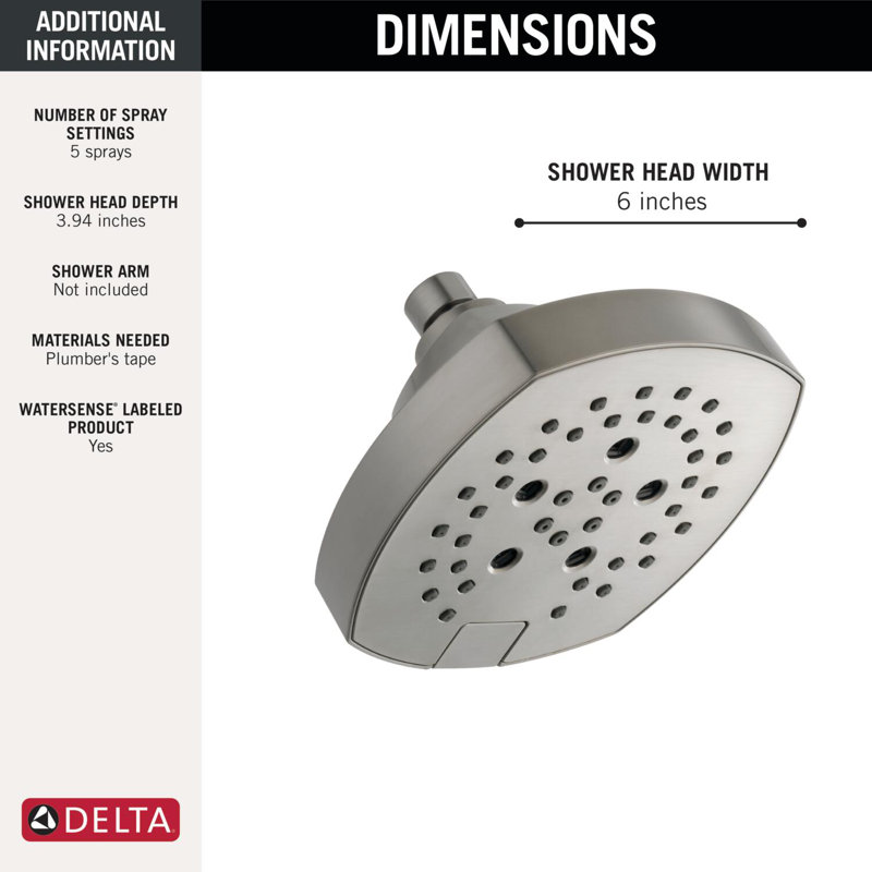 H2Okinetic 5-Setting Shower Head, Square Shower Head, Lumicoat  Stainless
