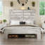 Tête de lit pour grand lit, cadre de lit plateforme en bois, silencieux, aucun sommier nécessaire et outil d'assemblage facile, grand rangement sous le lit, blanc-34975877-34975898