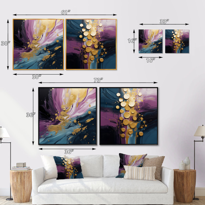 Mauve et bleu, réalités sur toile II - ensemble de 2 décorations murales encadrées, Toile tendue, H 16 po x l 33 po