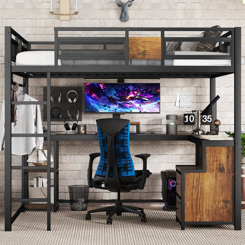 Queen Loft Bed with Desk & Storage, Metal Frame, Non-Woven Drawers, Ladder, Noise-Free, No Box Spring, Black