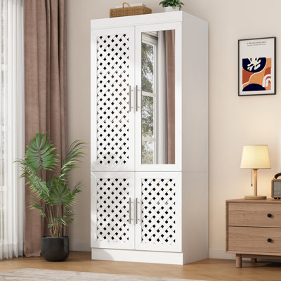 75.6''H Armoire Wardrobe Closet With Sensor Light,  Mirror, 3 Woven Doors, And Hanging Rod