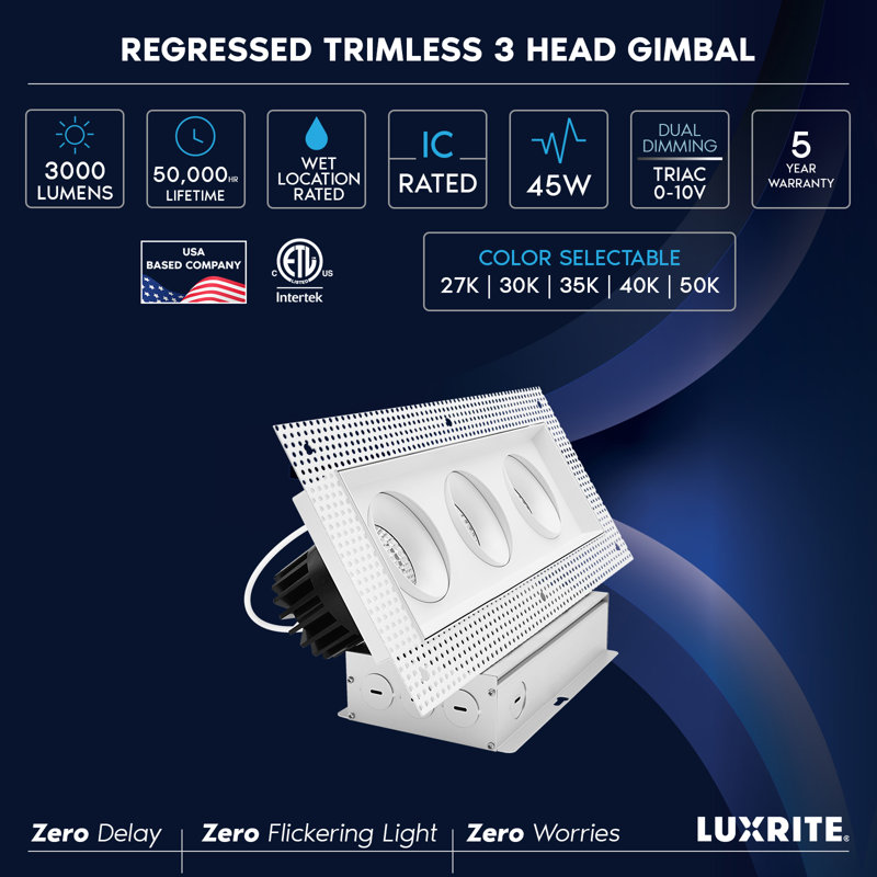 LUXRITE 3-Head Rectangle Regressed Trimless Gimbal LED Recessed Light, 360° + 15° Swivel, 5CCT, 45W, 3000LM, 60° Beam, Dual Dimmable, IC & Wet 2 Pack