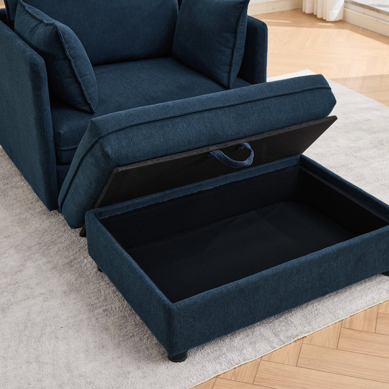 Upholstered Chenille Accent Chair With Footstool, Blue Chenille