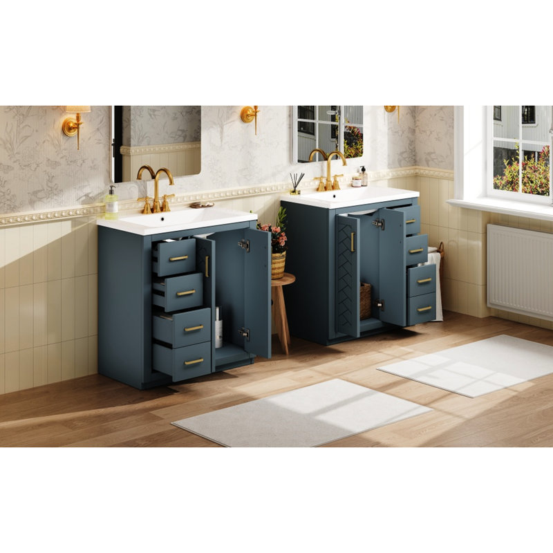 Meuble-lavabo de 30 pouces avec lavabo en céramique, structure en bois massif, tiroirs polyvalents, portes à fermeture en douceur, quincaillerie pour structure de 60 po et 30 po, espace de tiroir spacieux, rangement dissimulé, glissement en douceur