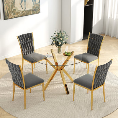 36" Round Tempered Glass Dining Table Set, 2/4 Velvet Chairs With Electroplated Metal Legs, Modern Minimalist For Small Space, Dining Room & Kitchen