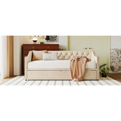 Lit de jour simple avec couchette escamotable en beige élégant - Fonctionnel et sans espace requis pour une expérience de sommeil confortable